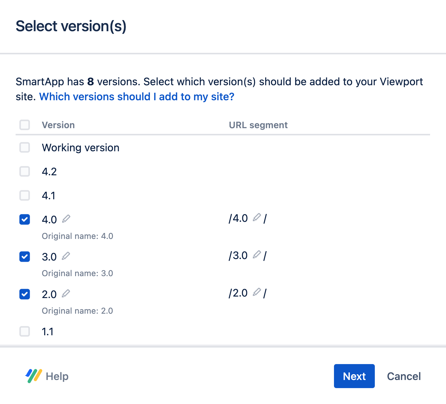 The 'select versions' dialog