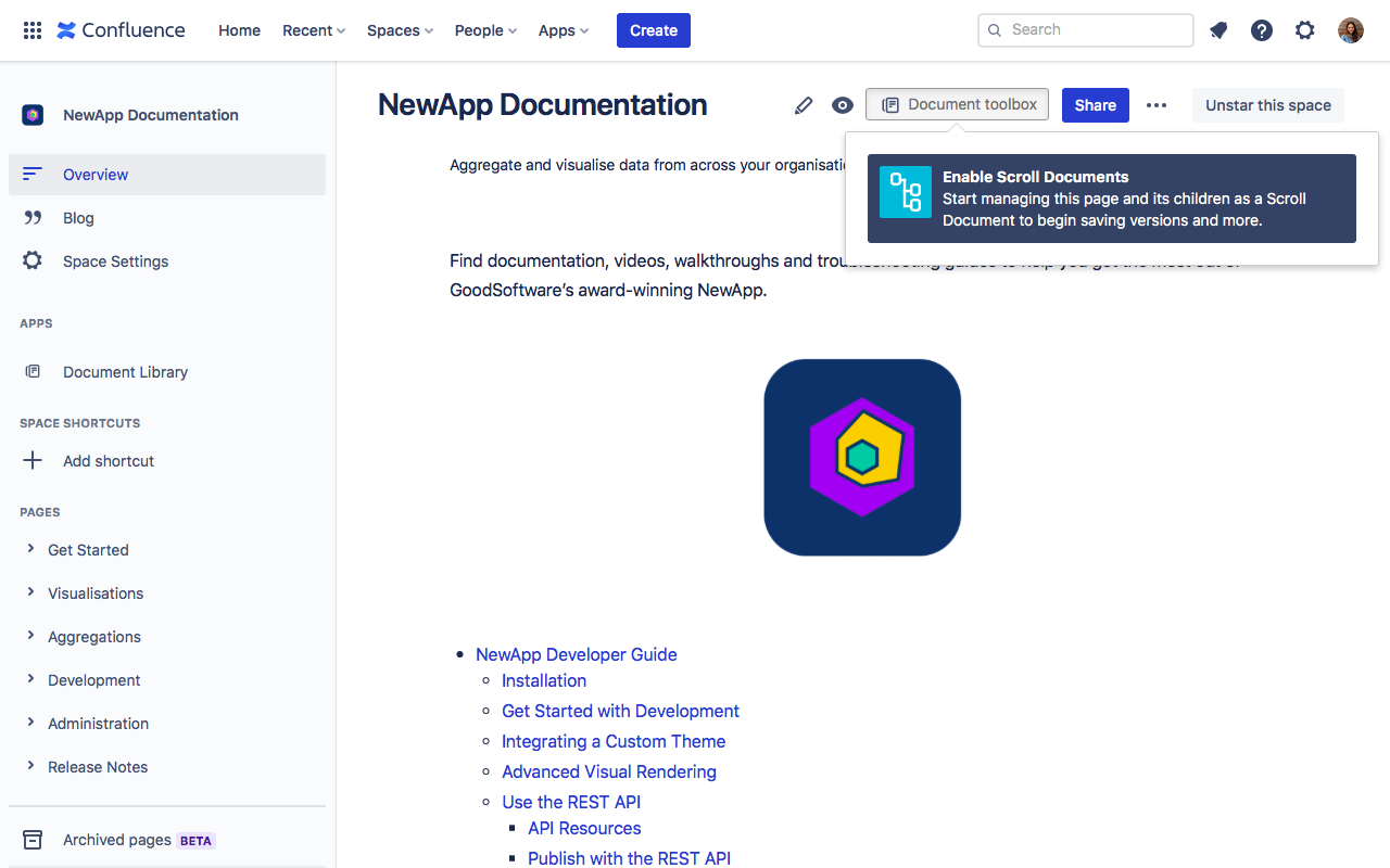 The 'enable Scroll Documents' action on a space home page