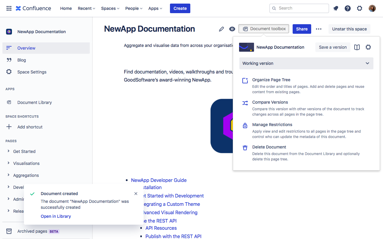 The 'document toolbox' opened on a space home page