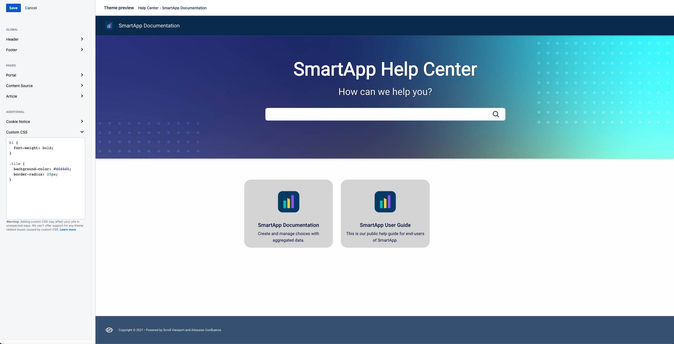 The custom CSS editor within Scroll Viewport for Confluence Cloud's theme editor