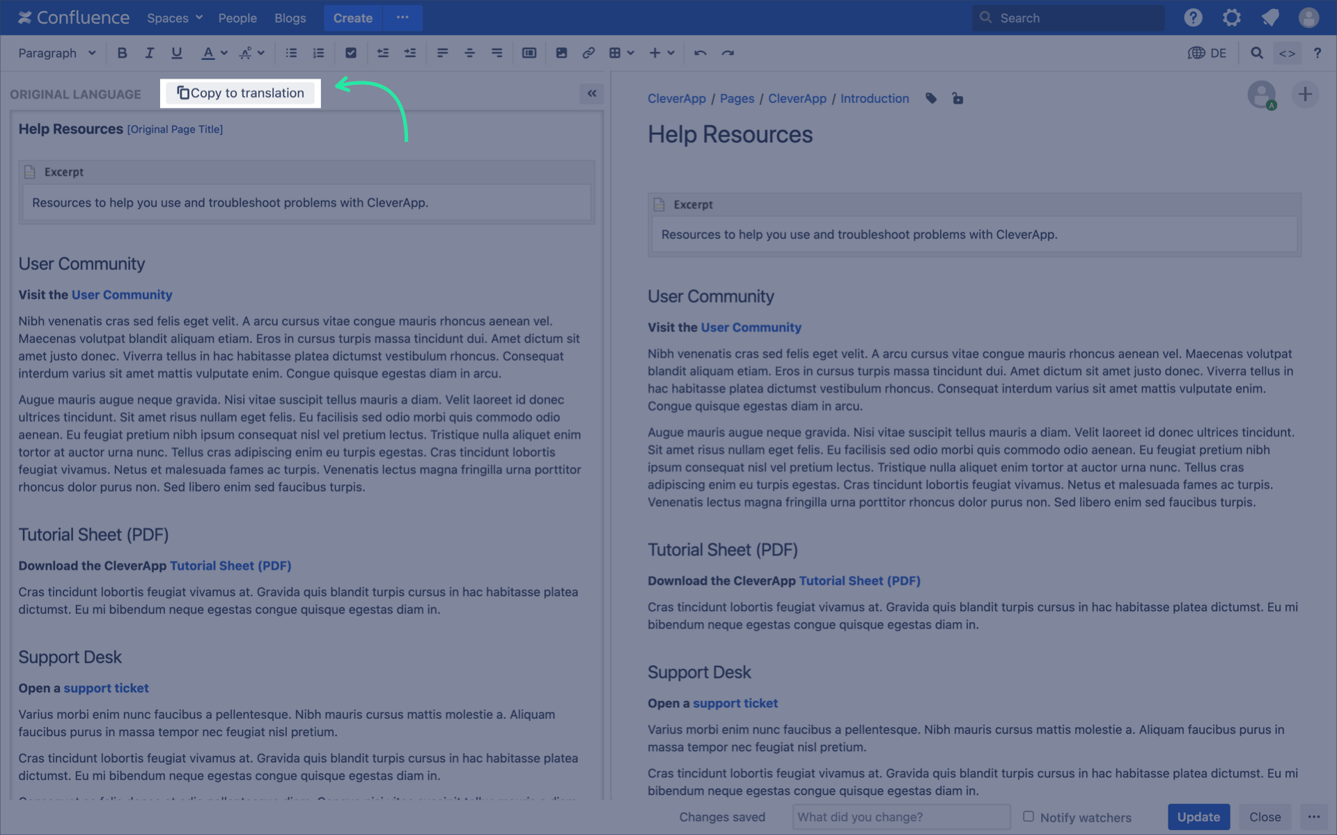 Scroll Translations side-by-side editor in Confluence 