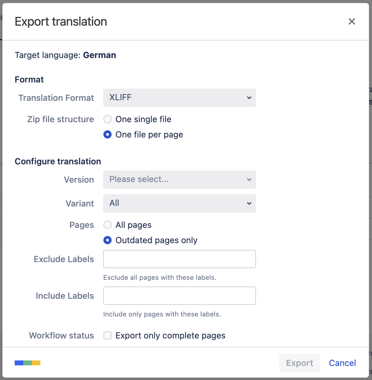 Export translation dialog showing the different export configuration options