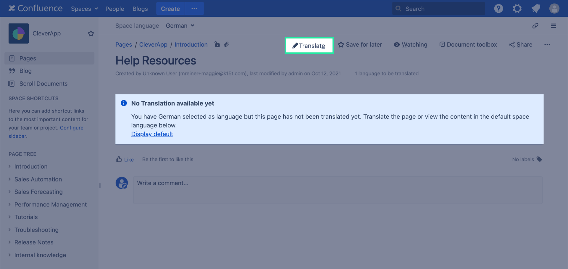 An untranslated Confluence page with a blue panel offering to show the content in default language