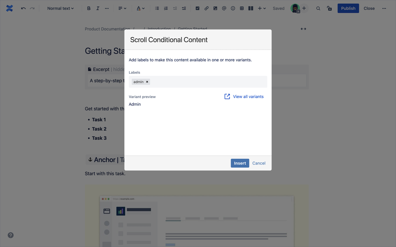 Scroll Conditional Content dialog with admin label