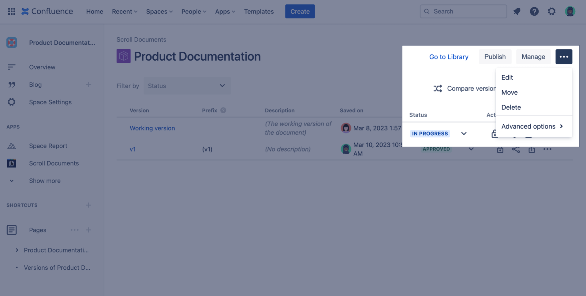 More document actions selected within the Document Manager