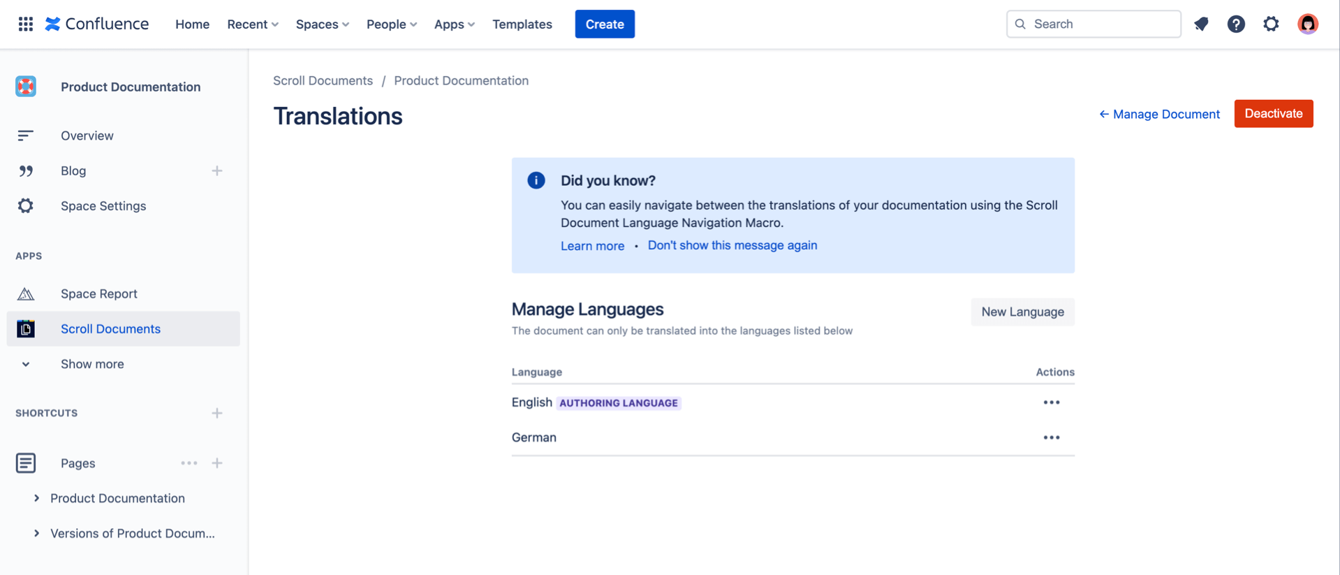 Language Manager with English as default language and German as secondary language
