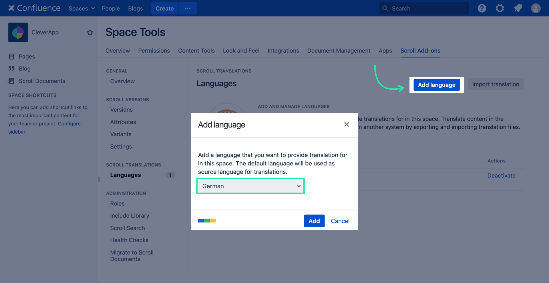 Scroll Translations add a language dialog with German selected as target language