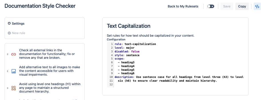 Screenshot showing the Documentation Style Checker ruleset settings screen. A text capitalization rule enforcing sentence case for H3-H6 elements is displayed in YAML format and the Advanced Edit Mode button is highlighted blue to show it is switched on.