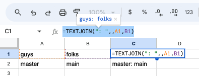 Screenshot from Google Sheets showing term pairs in columns A and B. The TEXTJOIN formula is used to output the correct format into Column C.