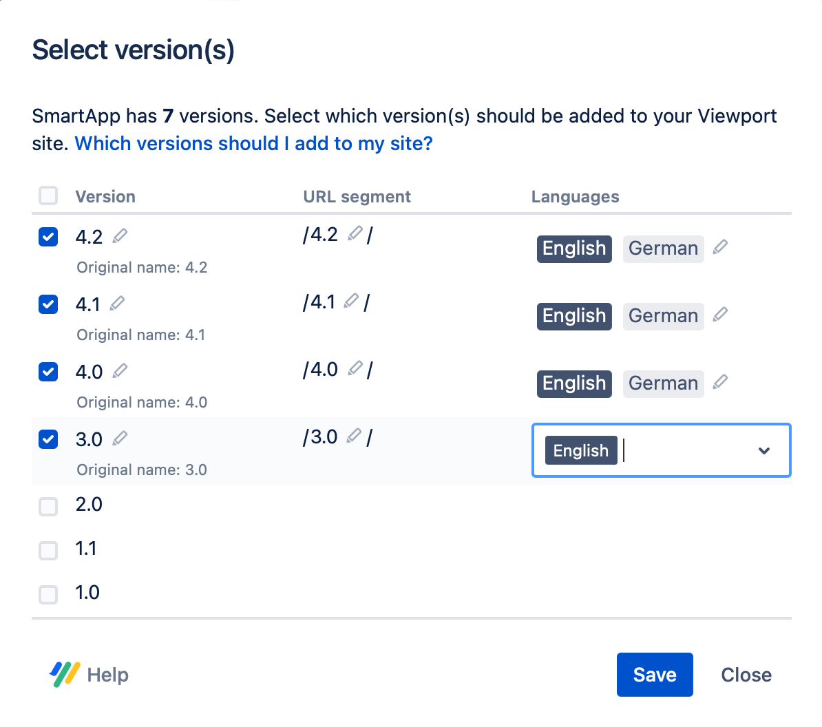 Select which version and translations to display in your site