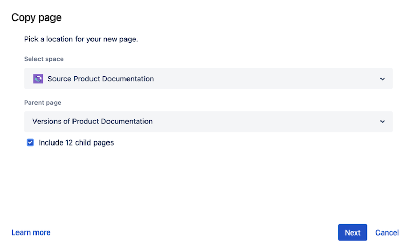 Displays Copy Page dialogue for selecting space and parent