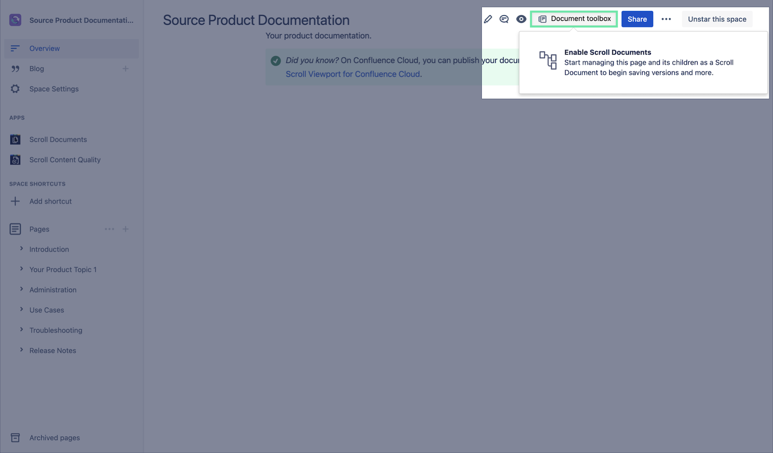 Display of the Enable Scroll Document option on a page