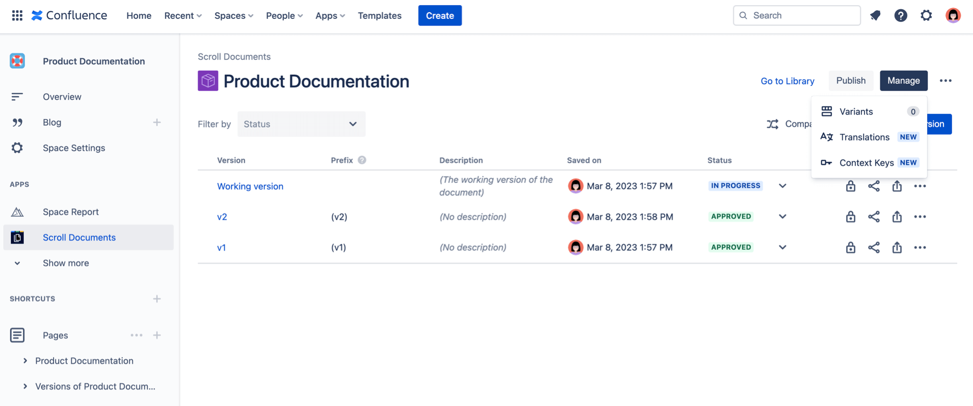 The Manage options selected in the Document manager