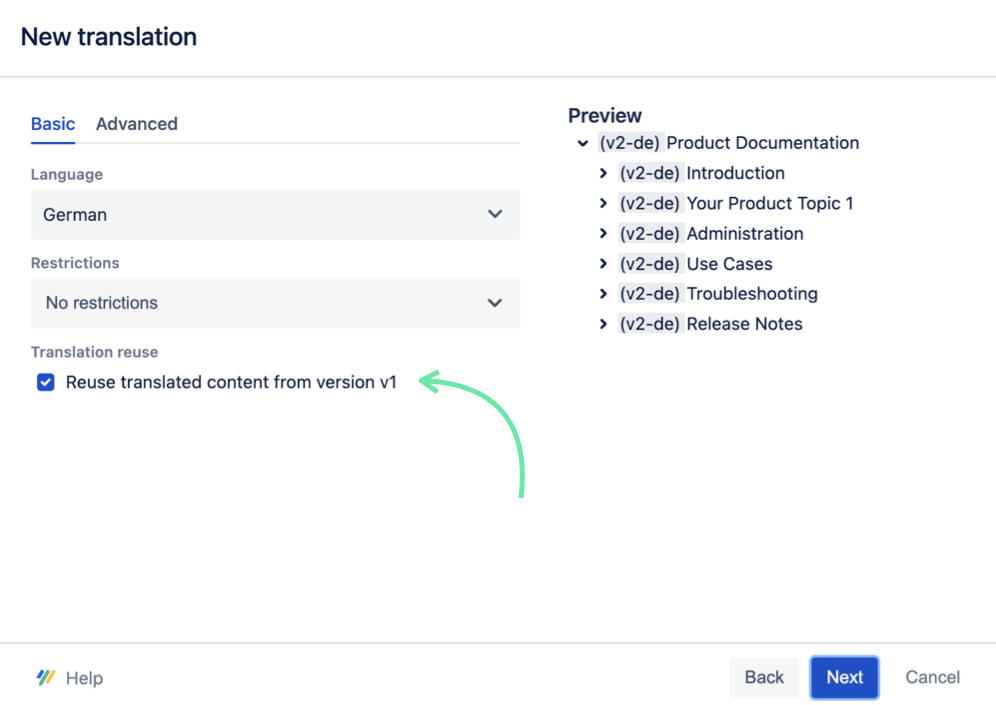 New translation dialog with option to reuse translations from version 1 selected