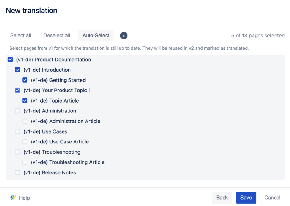 Select which pages in the dialog which should reuse translations from version 1