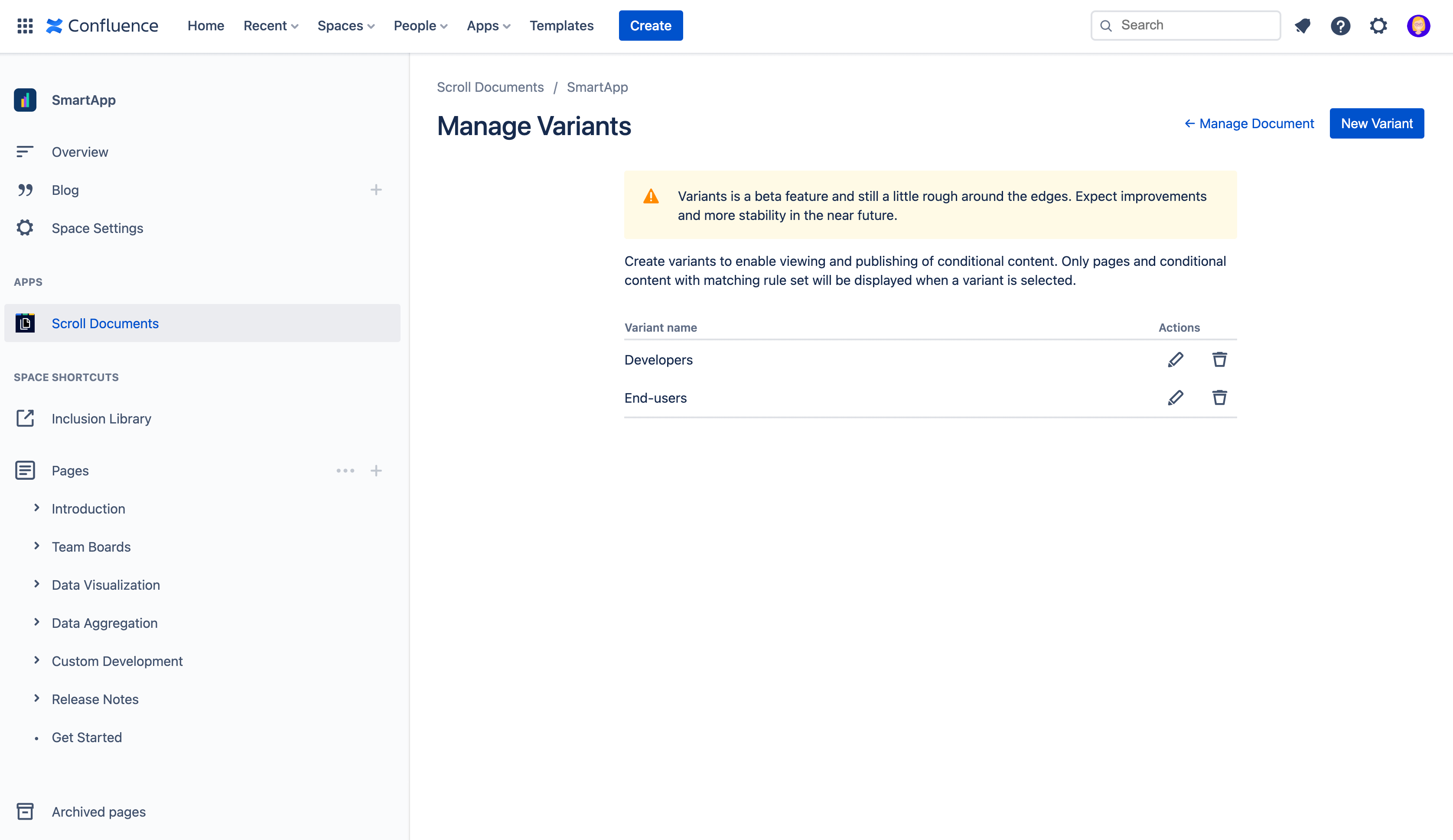 Manage variants screen showing two active variants, 'Developers' and 'End-users'