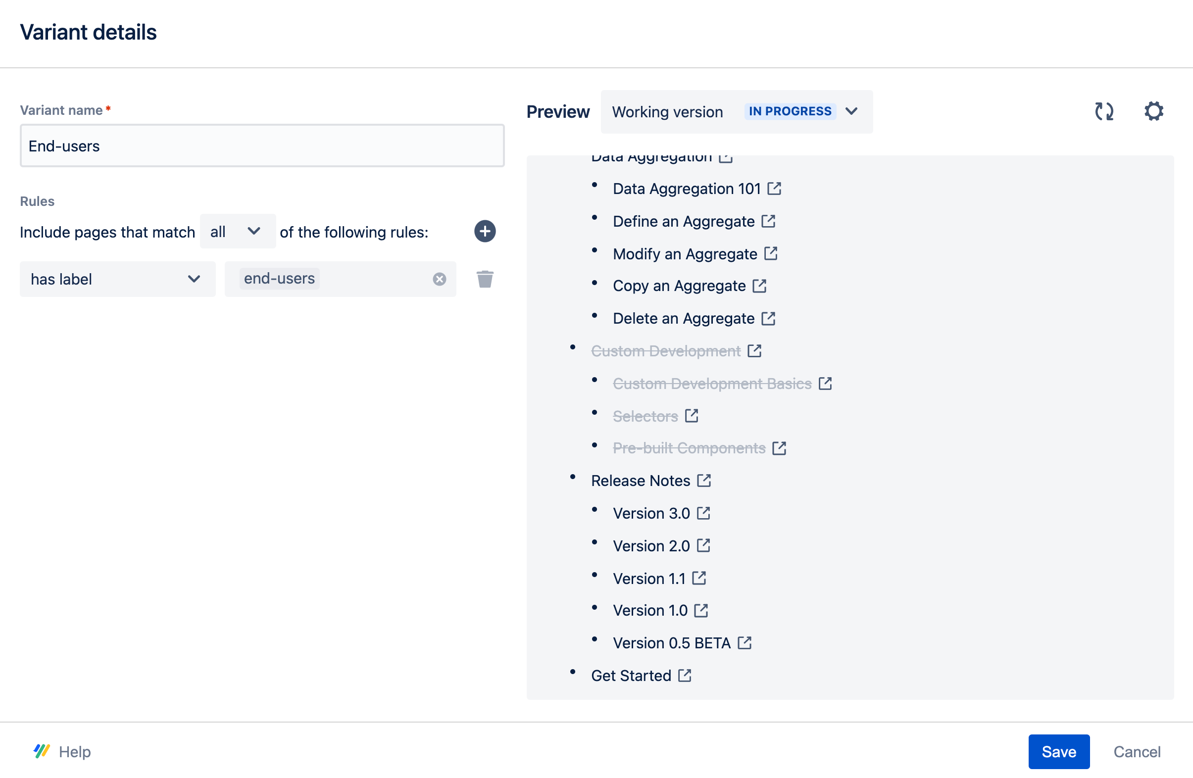 Variant details dialog with one rule set up and some un-included page titles with a strike-through