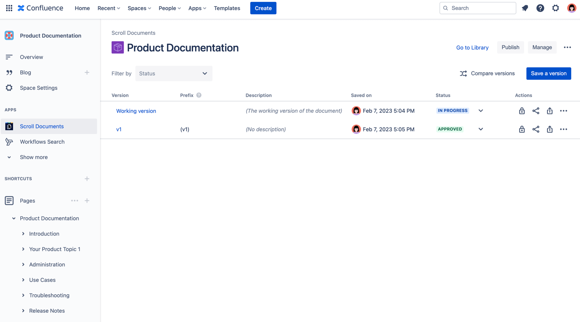 Document manager with a Working version and one saved version