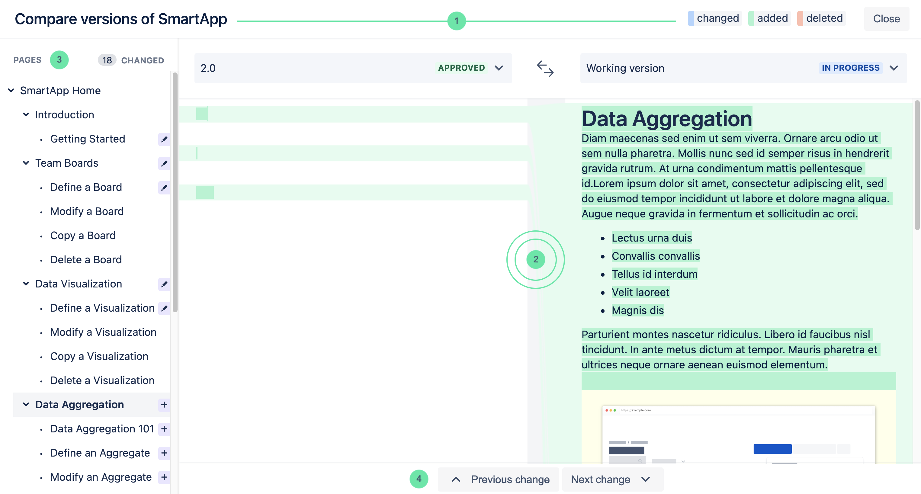 Display of compare versions tool