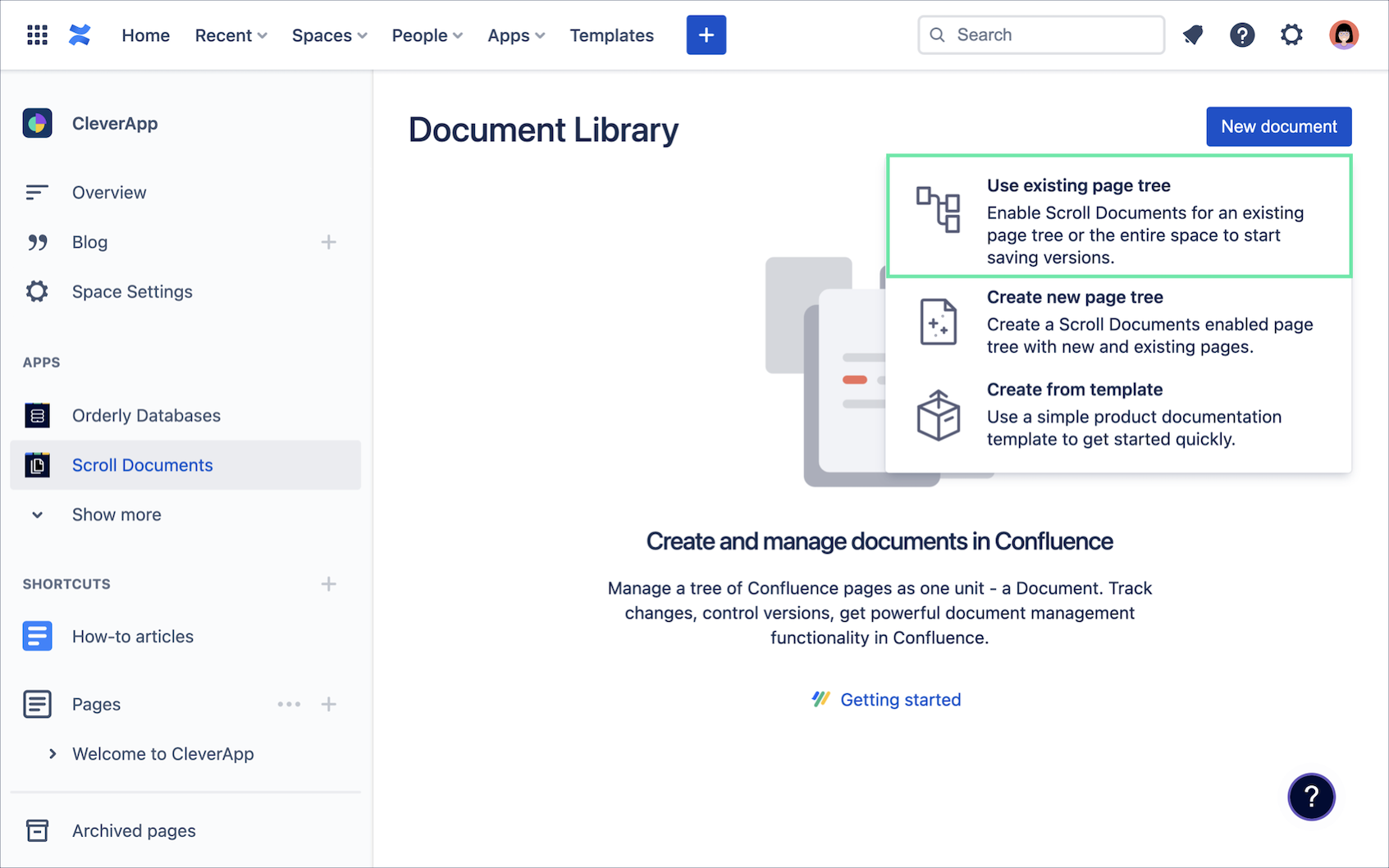 Select New document option Use existing page tree