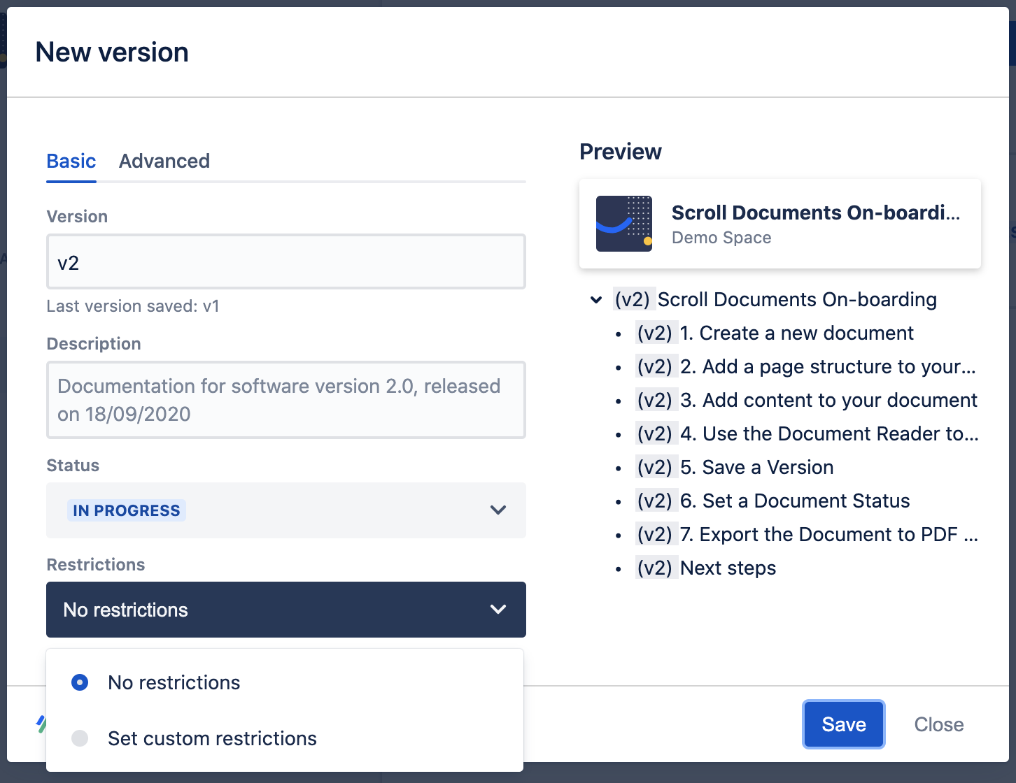 Displays New version dialogue with Restrictions optins