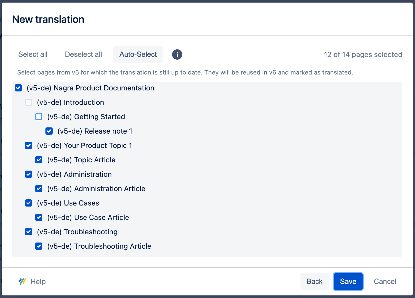 New translation dialog showing that Auto-Select has marked all pages except Introduction and Getting Started as unchanged