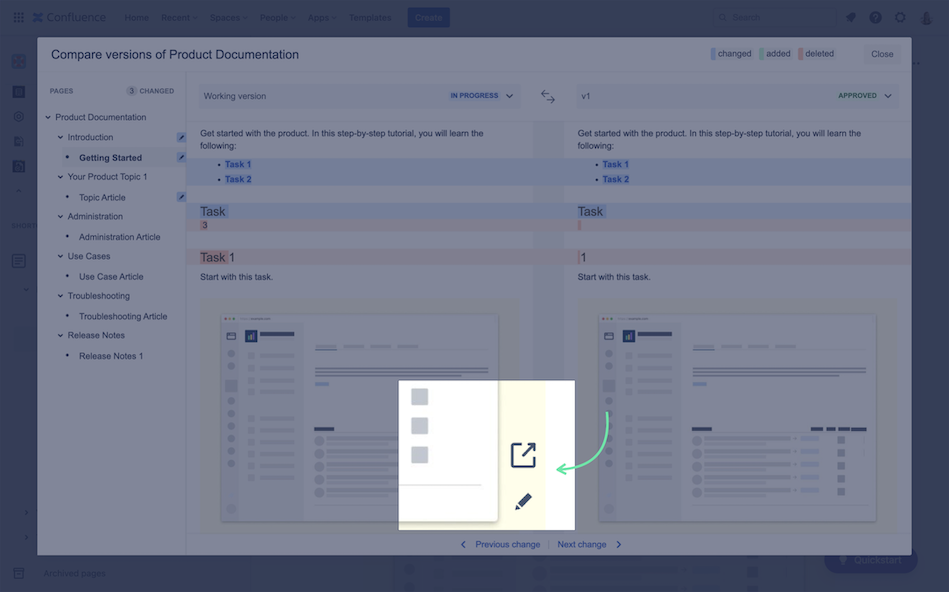 Click Edit or Open in new tab to open a compared page from the Compare versions dialog