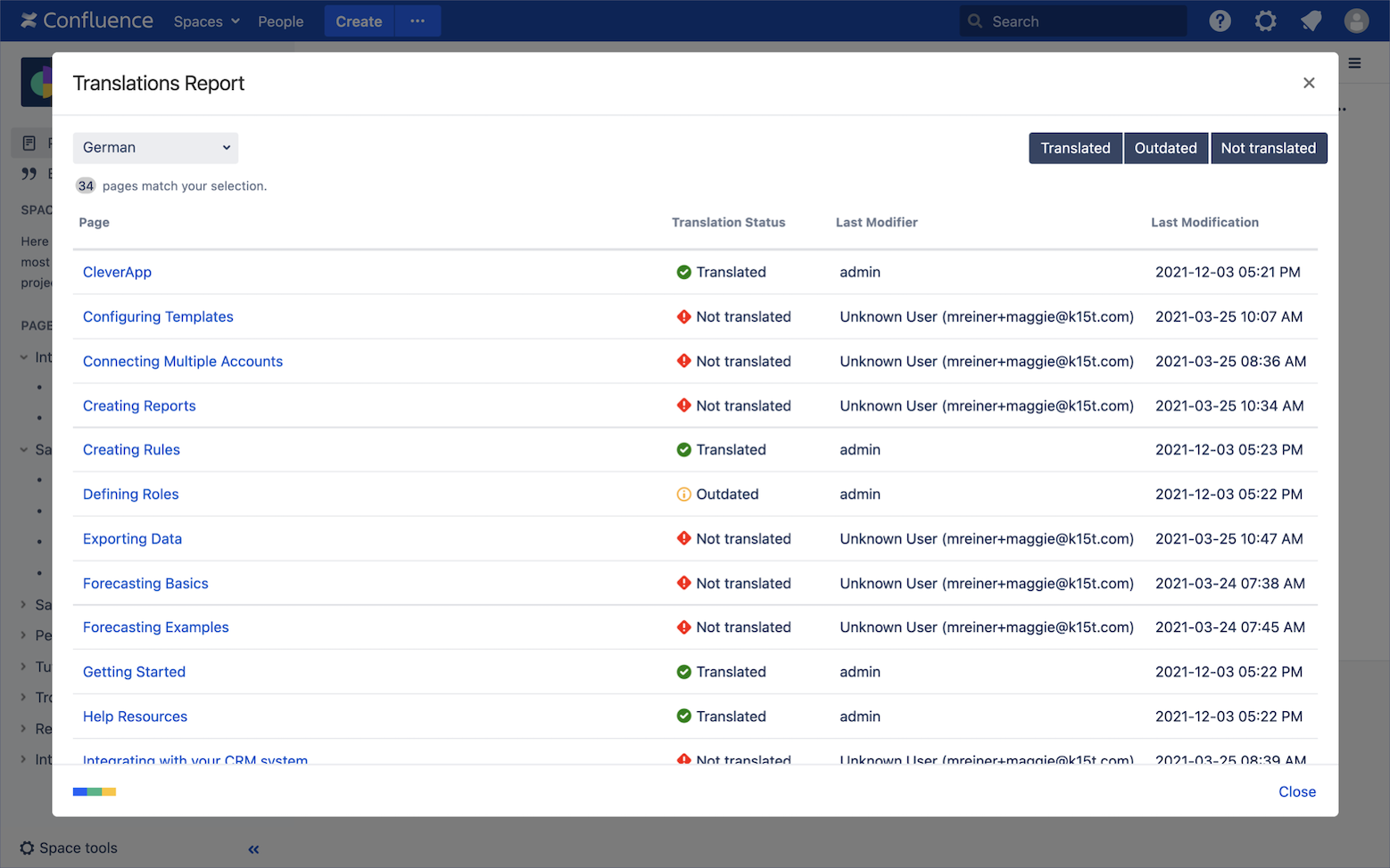 Scroll Translations Translation report listing translated, outdated, and not translated Confluence pages. 