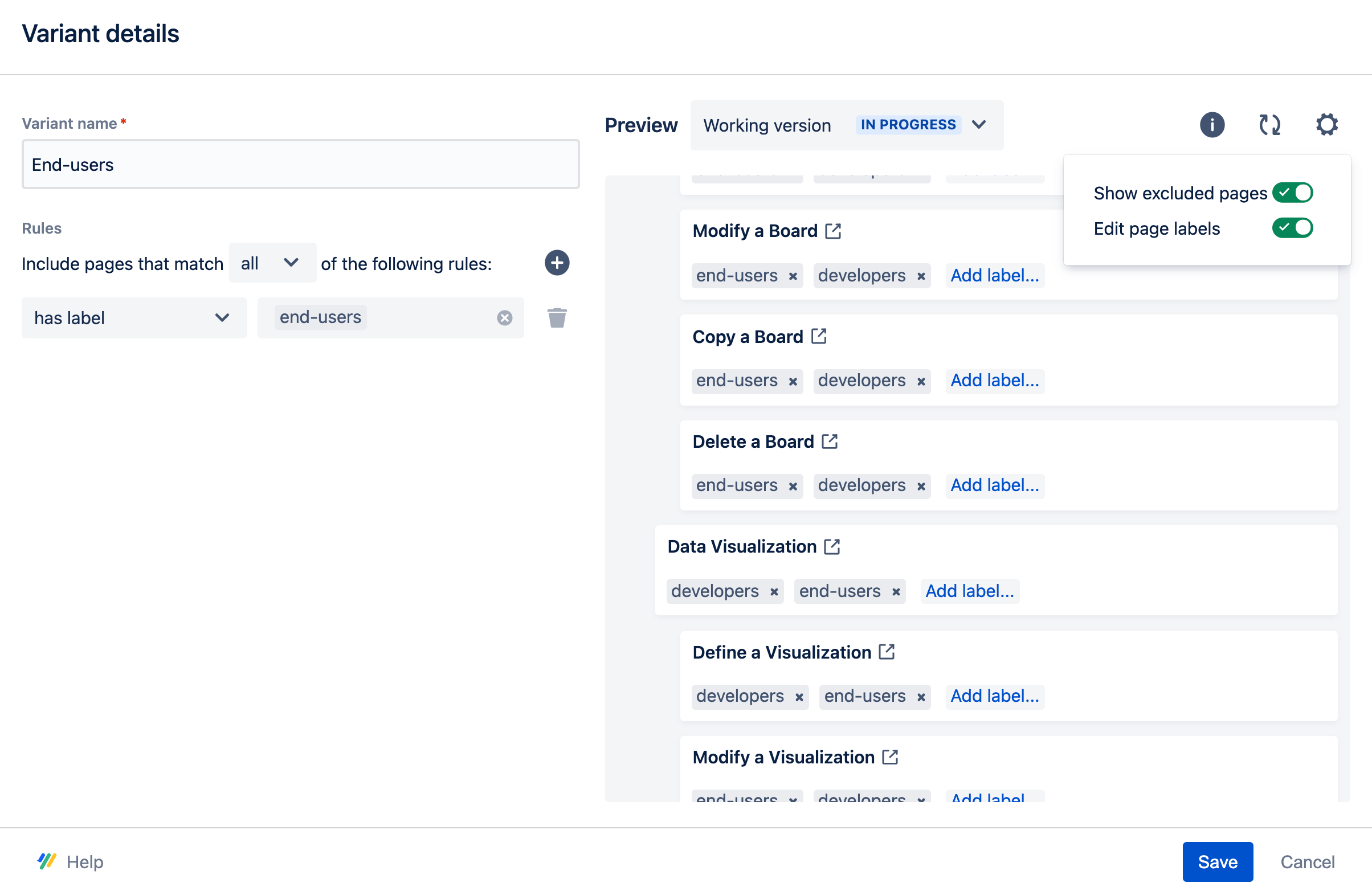 Variant manager displaying how to activate the edit page toggle