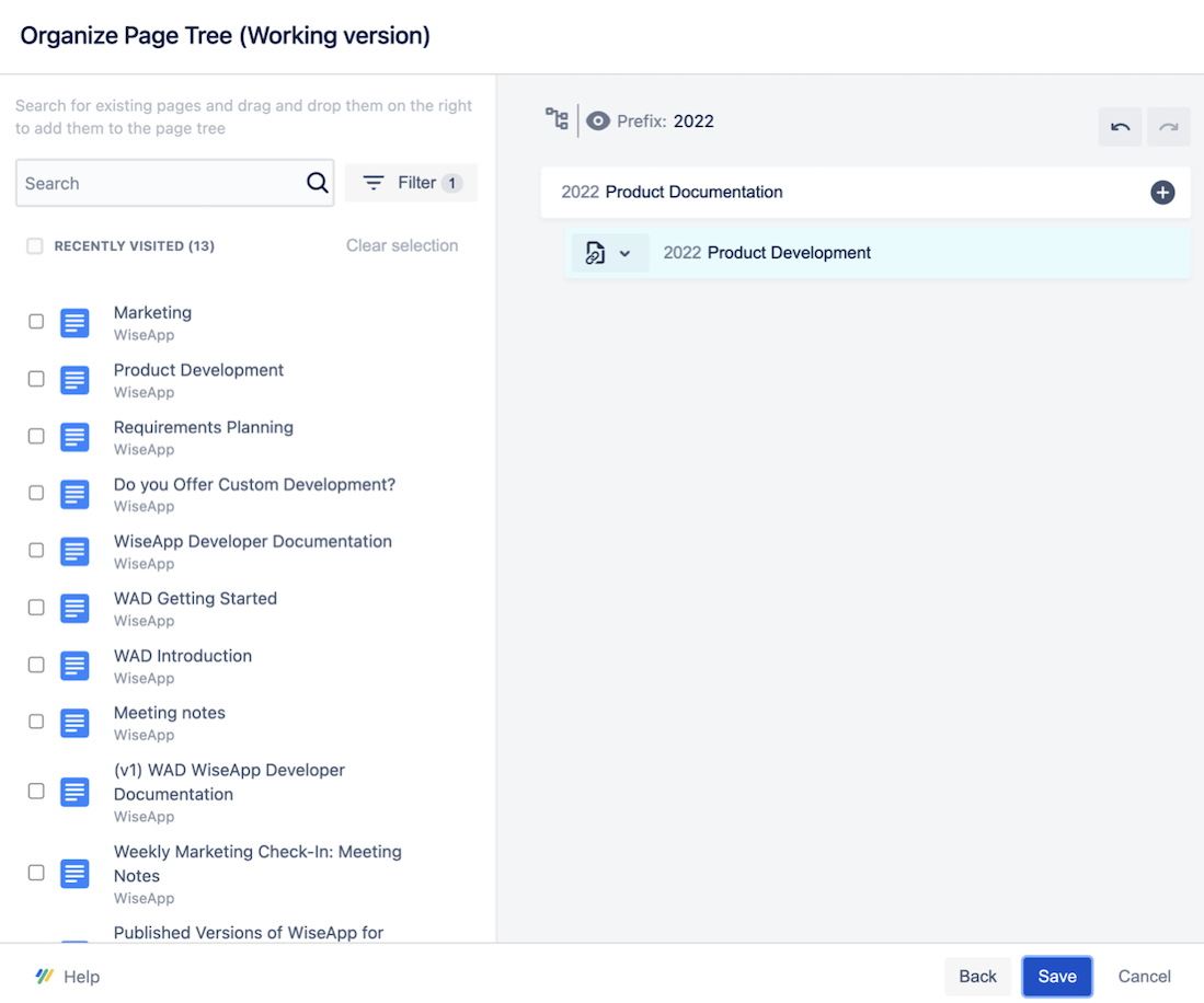 Scroll Documents' Organize page tree dialog