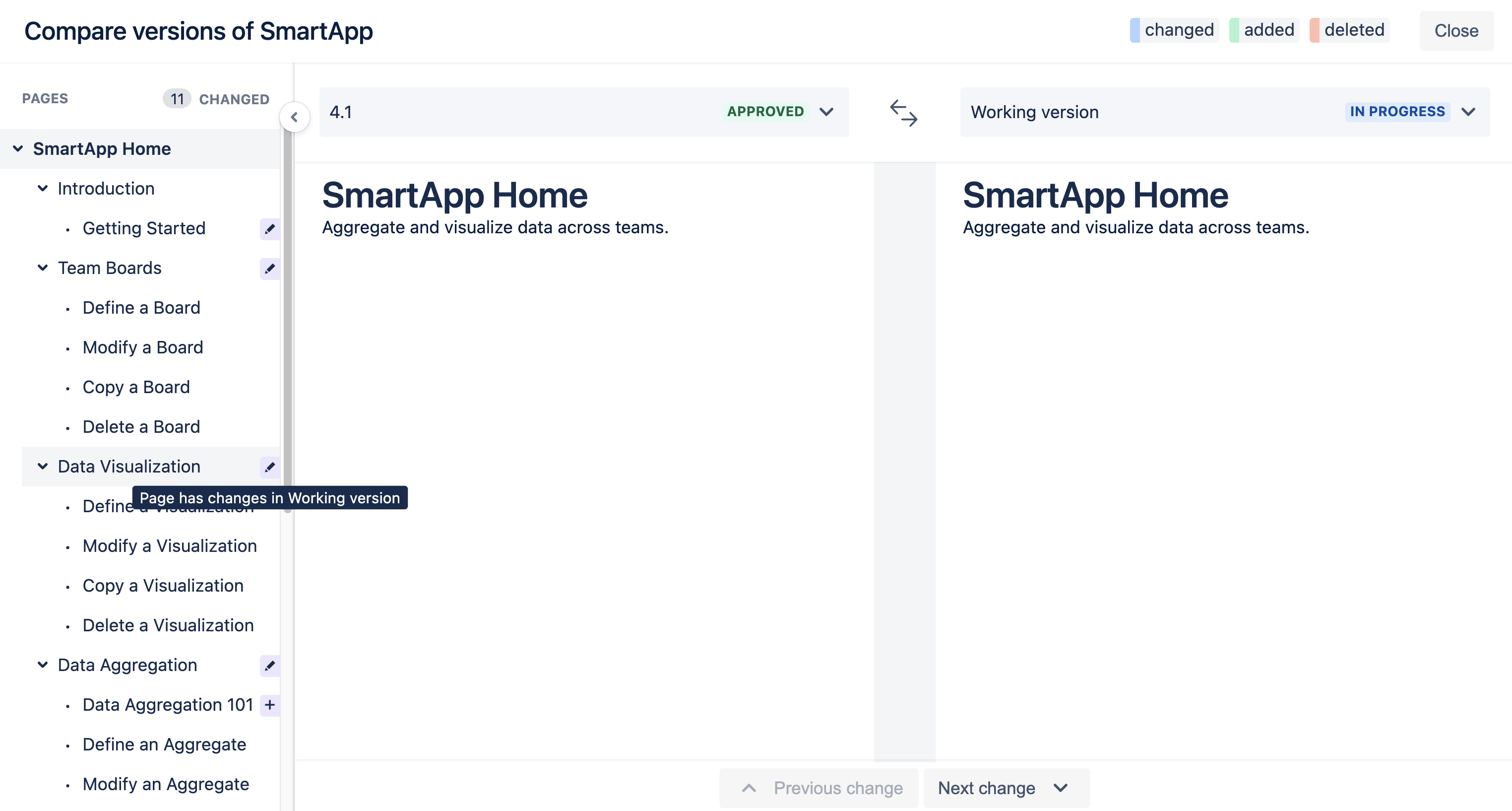 Display of compare two versions with two documents selected