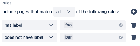 Close up of rules UI element, showing dropdown boxes for choosing 'any' vs 'all' rules, choosing 'has label' or 'does not have label', and a text box for entering label names