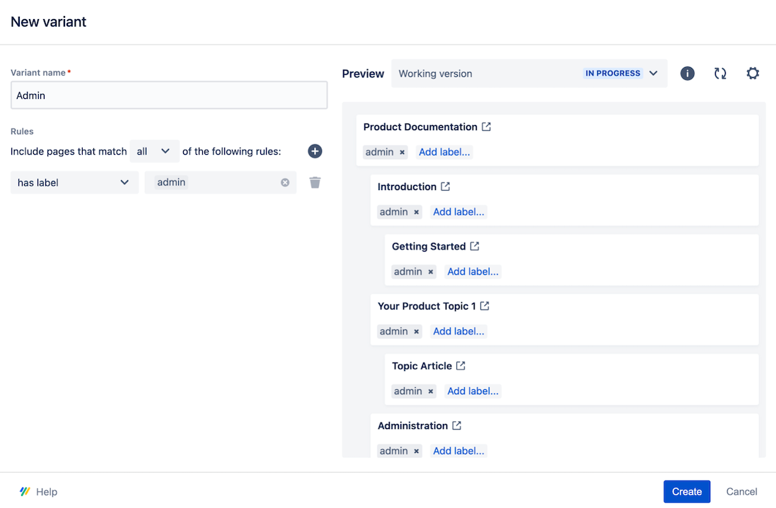 Admin label applied to all page in new variant dialog