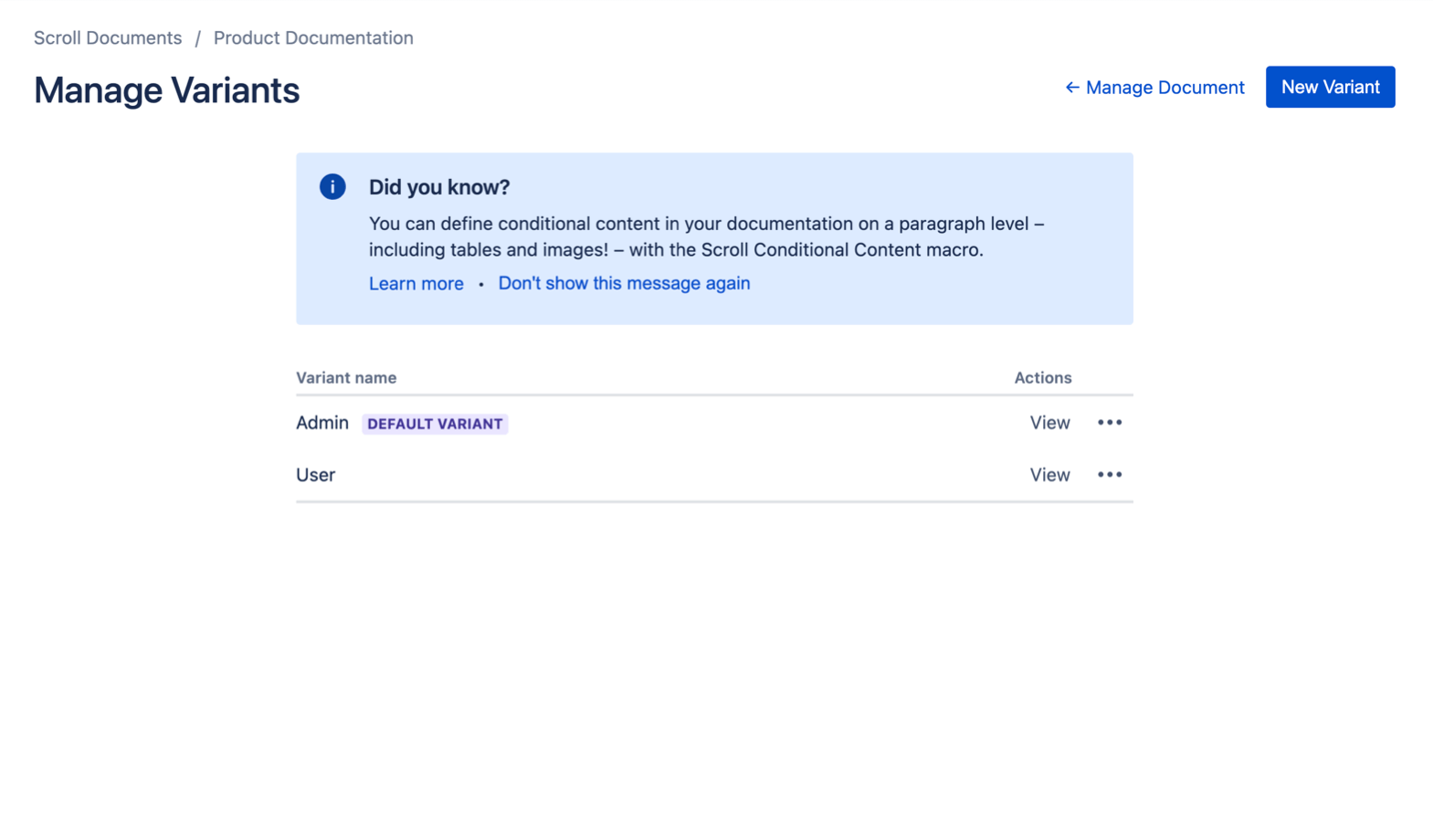 Variant manager with Admin and User variants