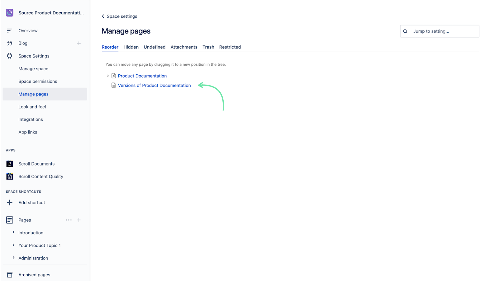 Display the reorder page window in Confluence