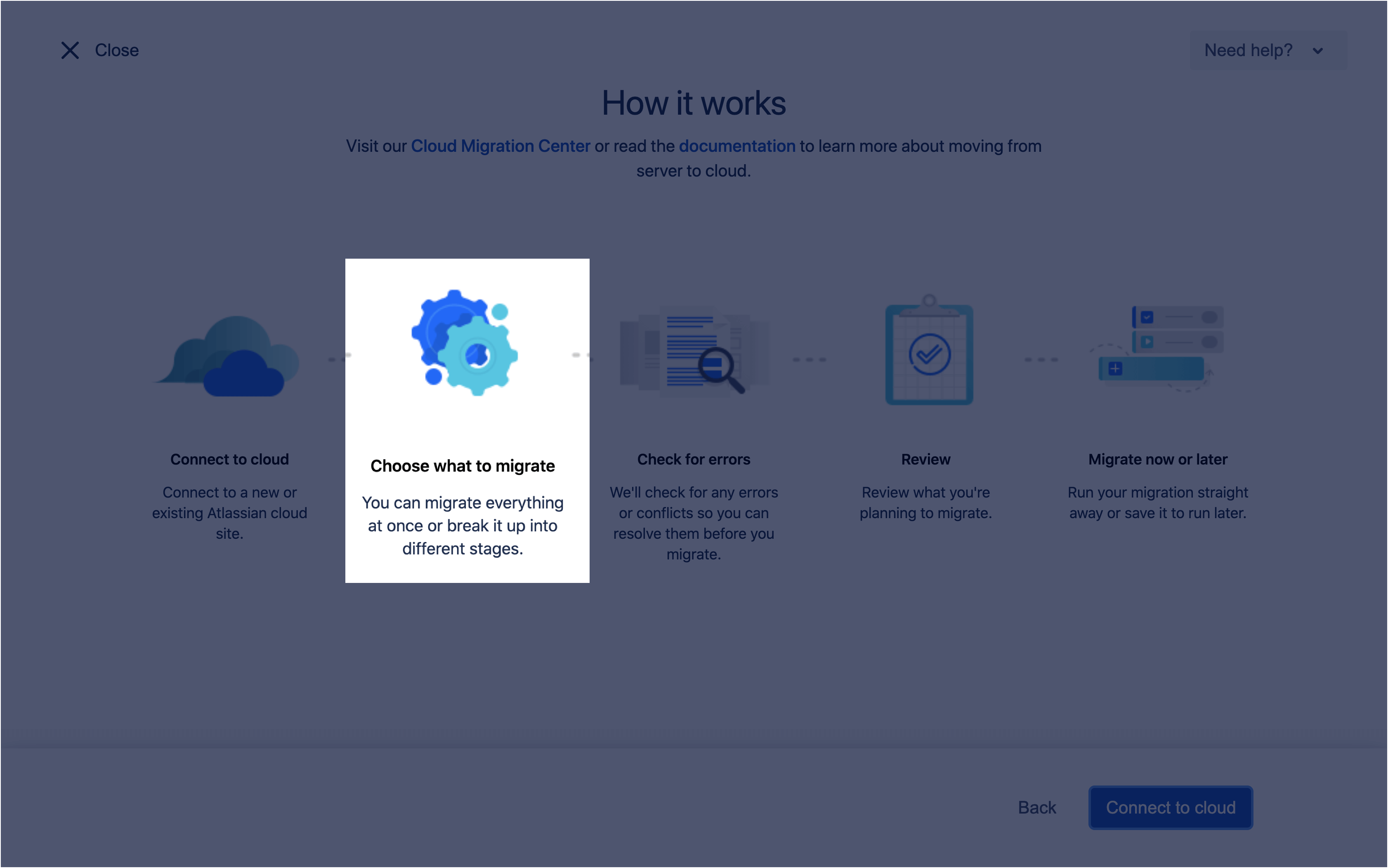 The Choose what to migrate step in Atlassian's Migration Assistant