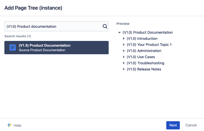 Displays Add Page Tree dialogue to select a page tree