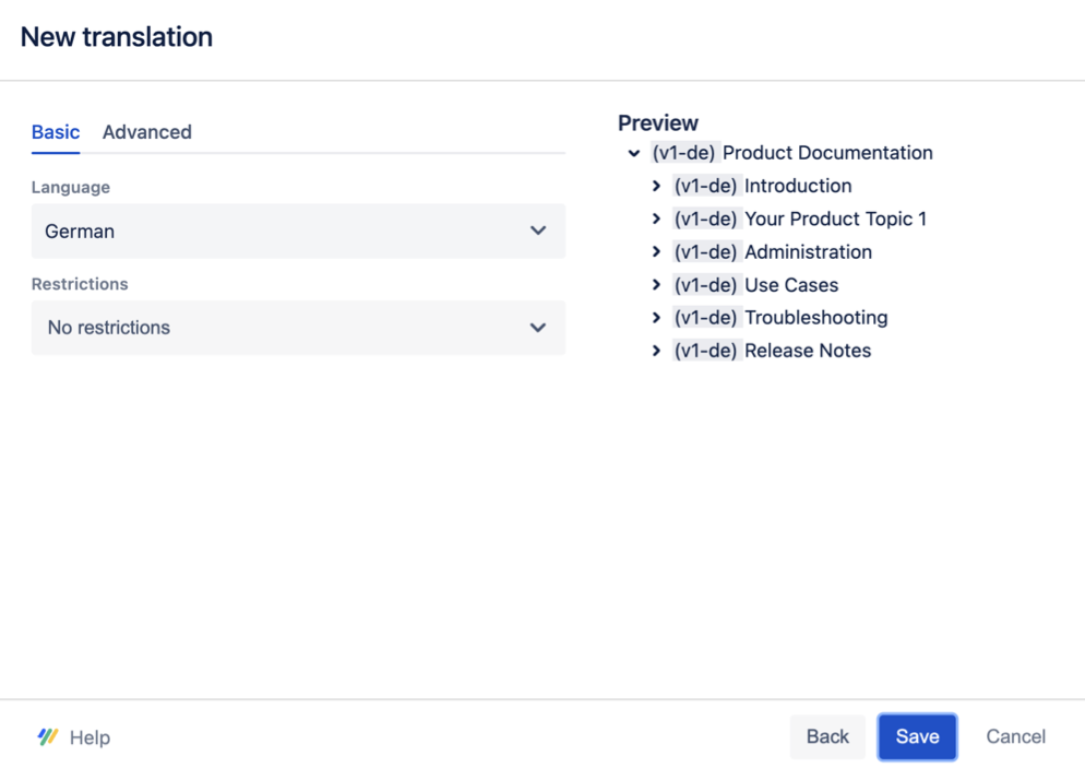 New translation dialog to add German as a language for version 1