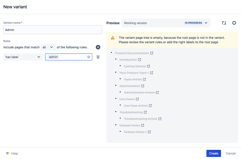 New variant dialog creating variant Admin