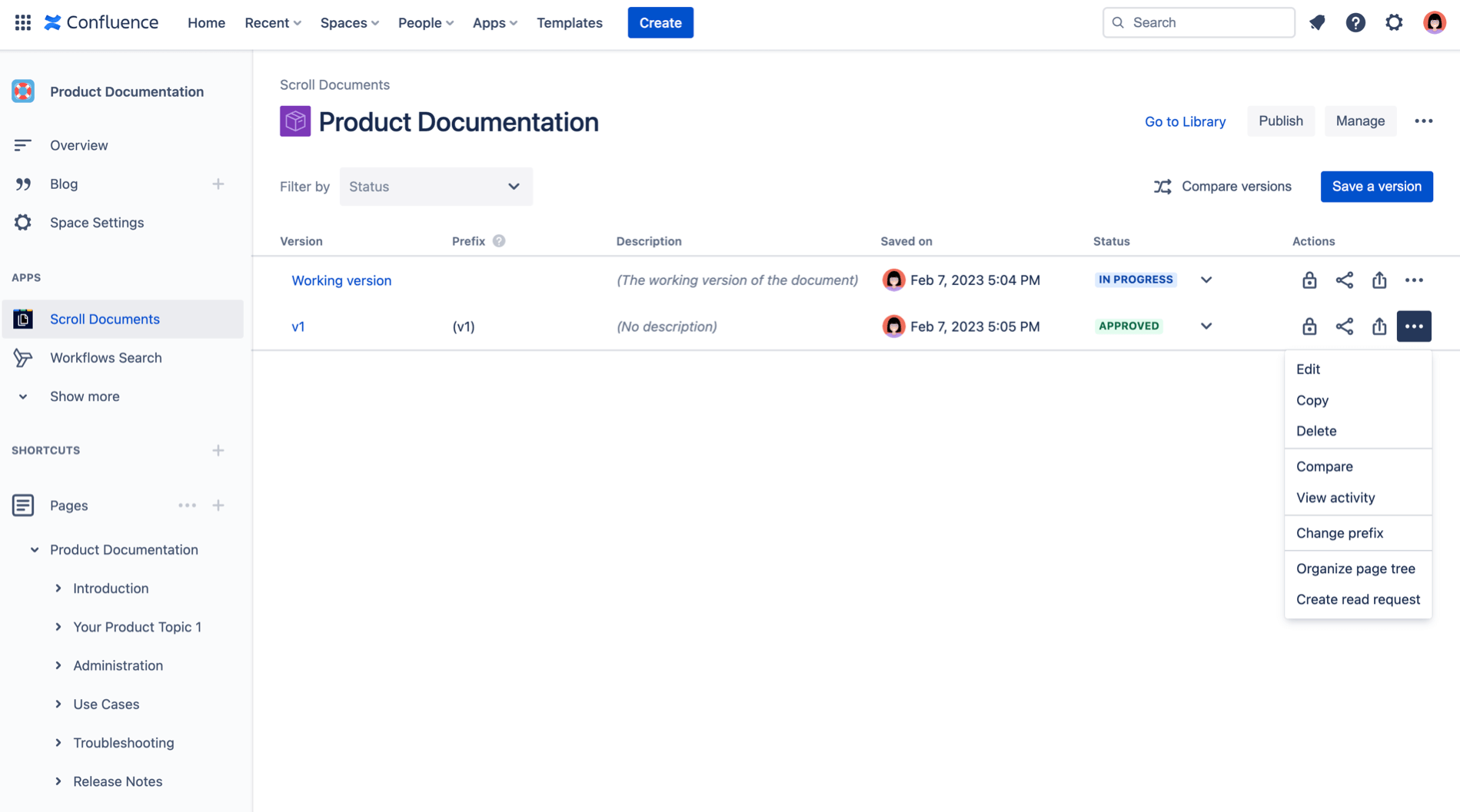 Document manager with more page treen actions selected