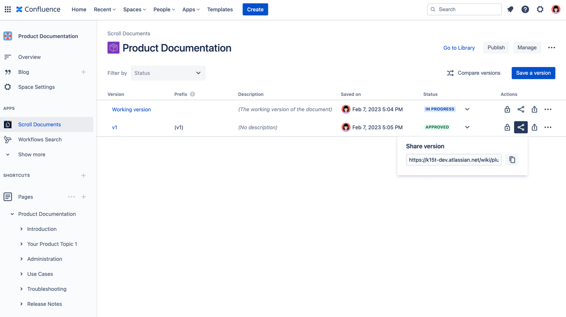 Share version action selected in Document Manager