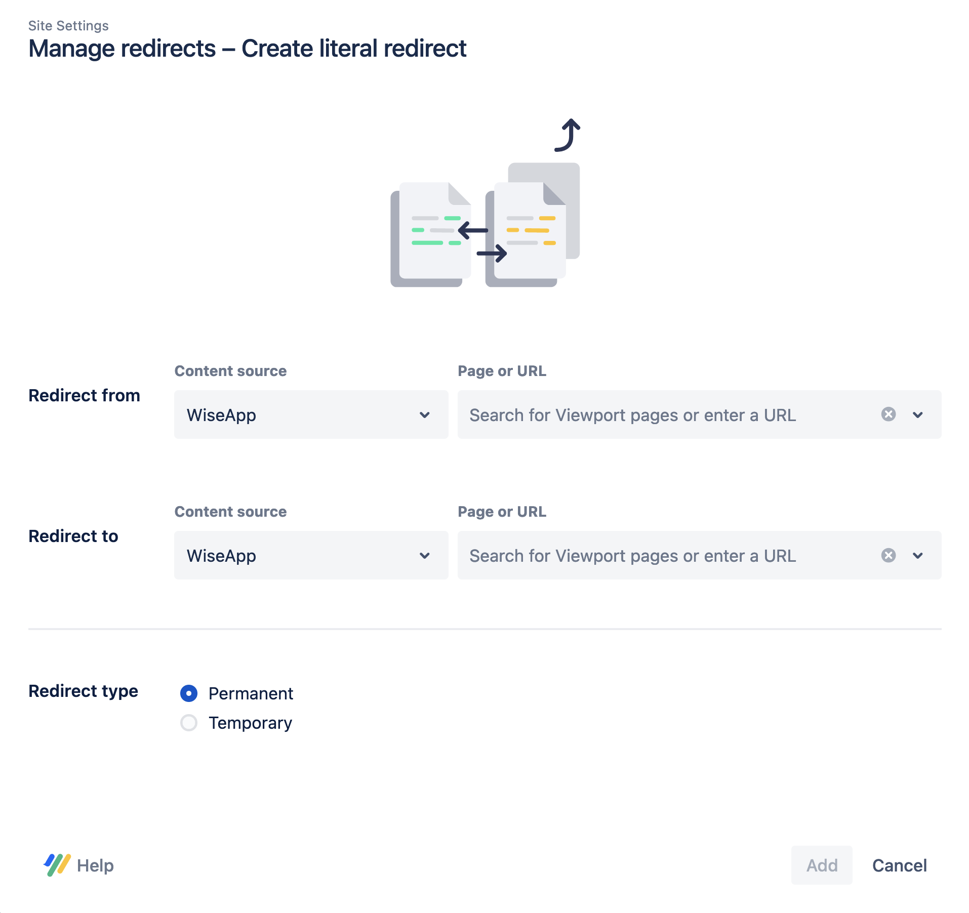 The manage redirects dialog lets you create new literal redirects