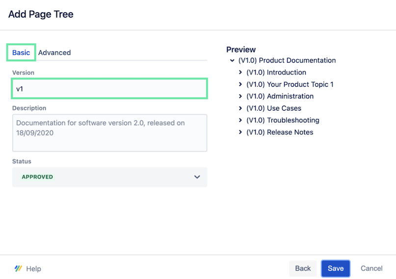 Displays Add Page Tree dialogue where you will label the version