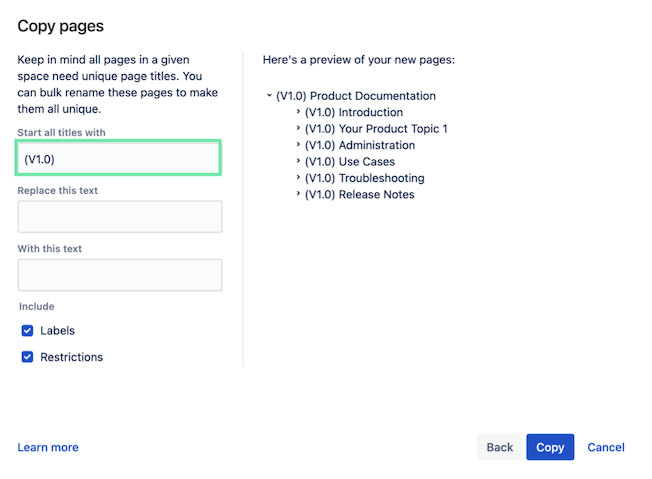 Displays Copy Pages dialogue where you specify prefixes