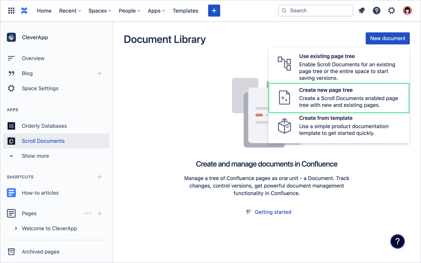 Select New document option Create new page tree