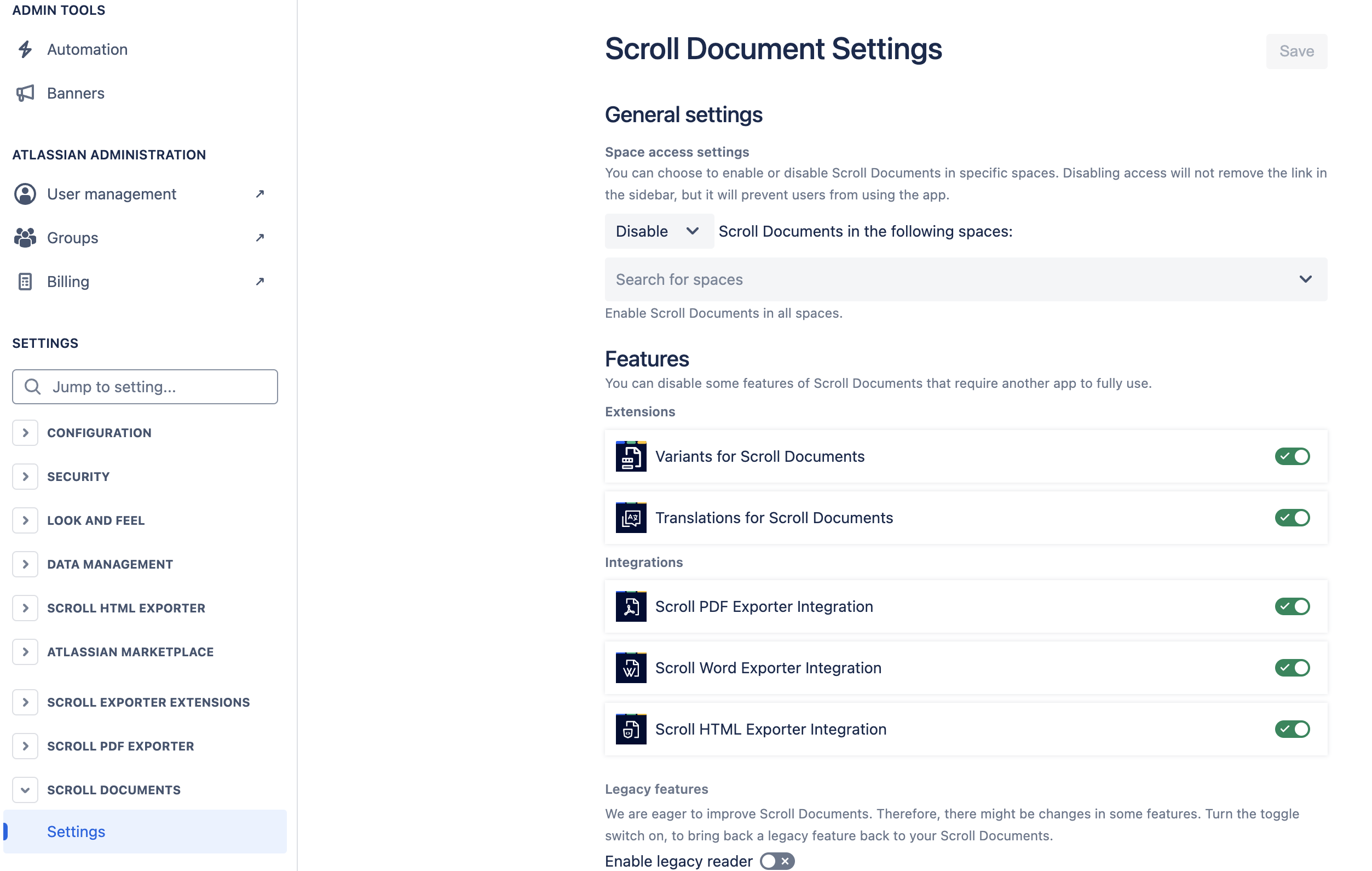 Display of Scroll Document Settings 