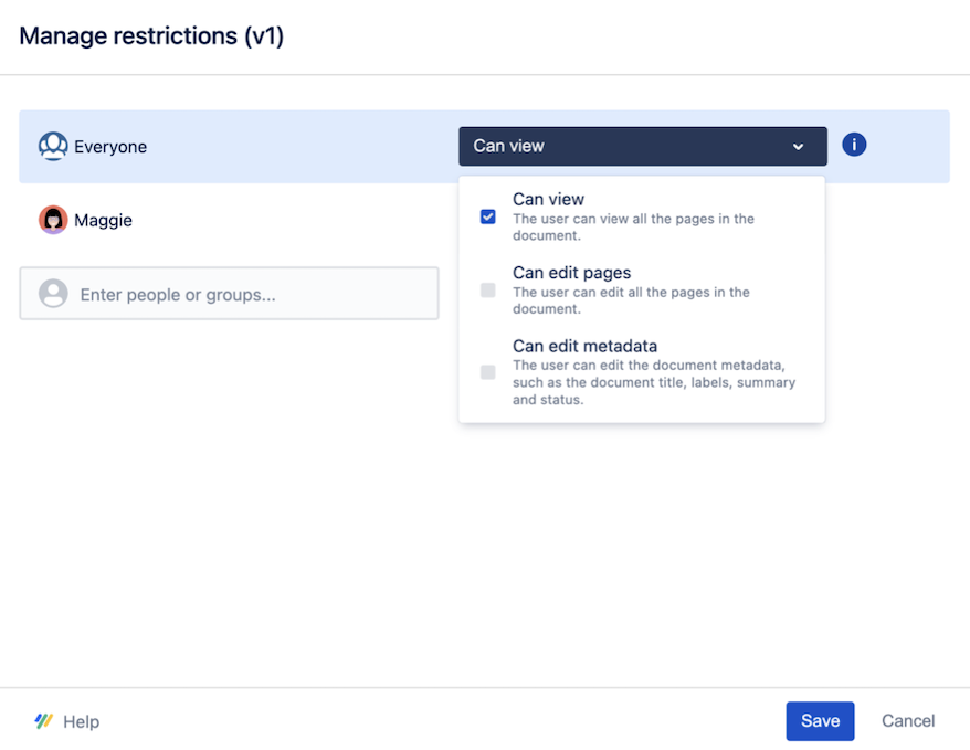 Scroll Document's Manage restriction dialog