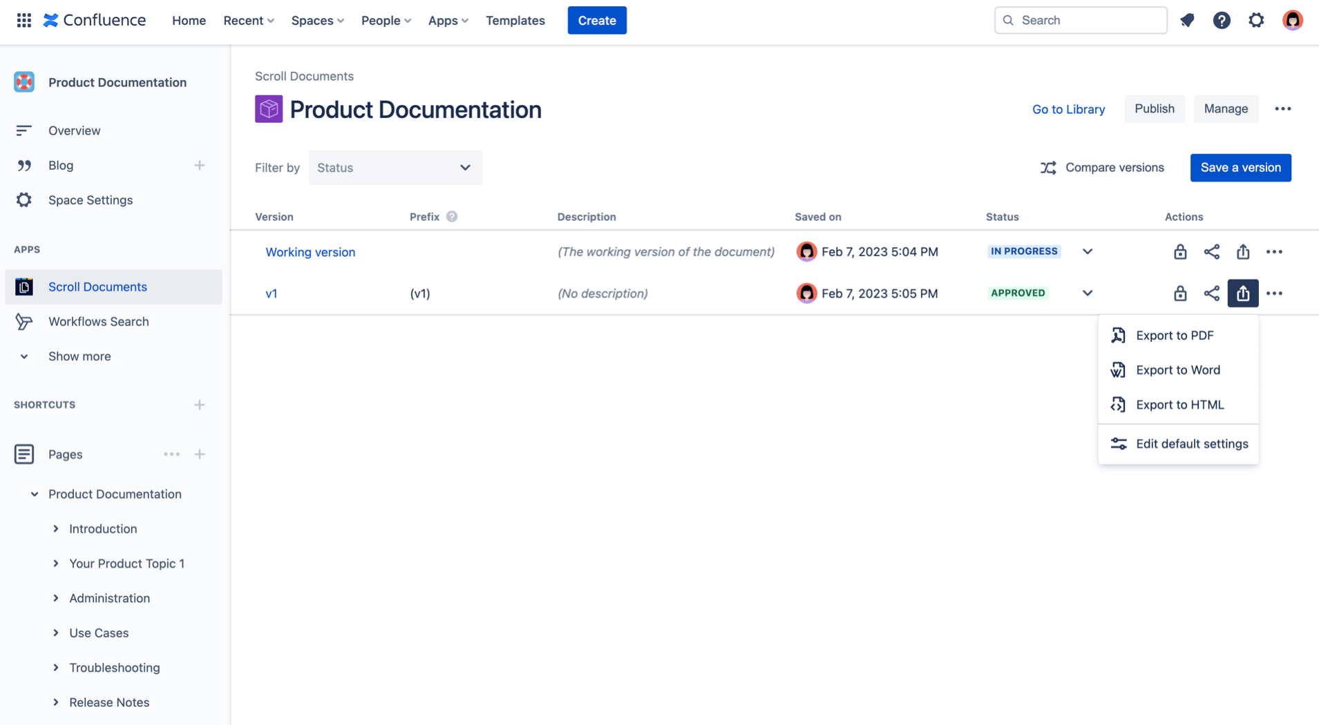 Export options in the Document Manager, export to PDF, Word, or HTML