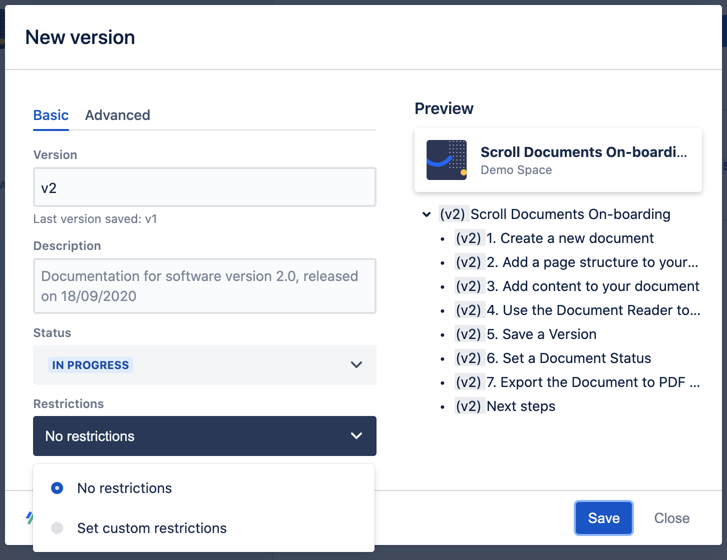 Displays New version dialogue with Restrictions options