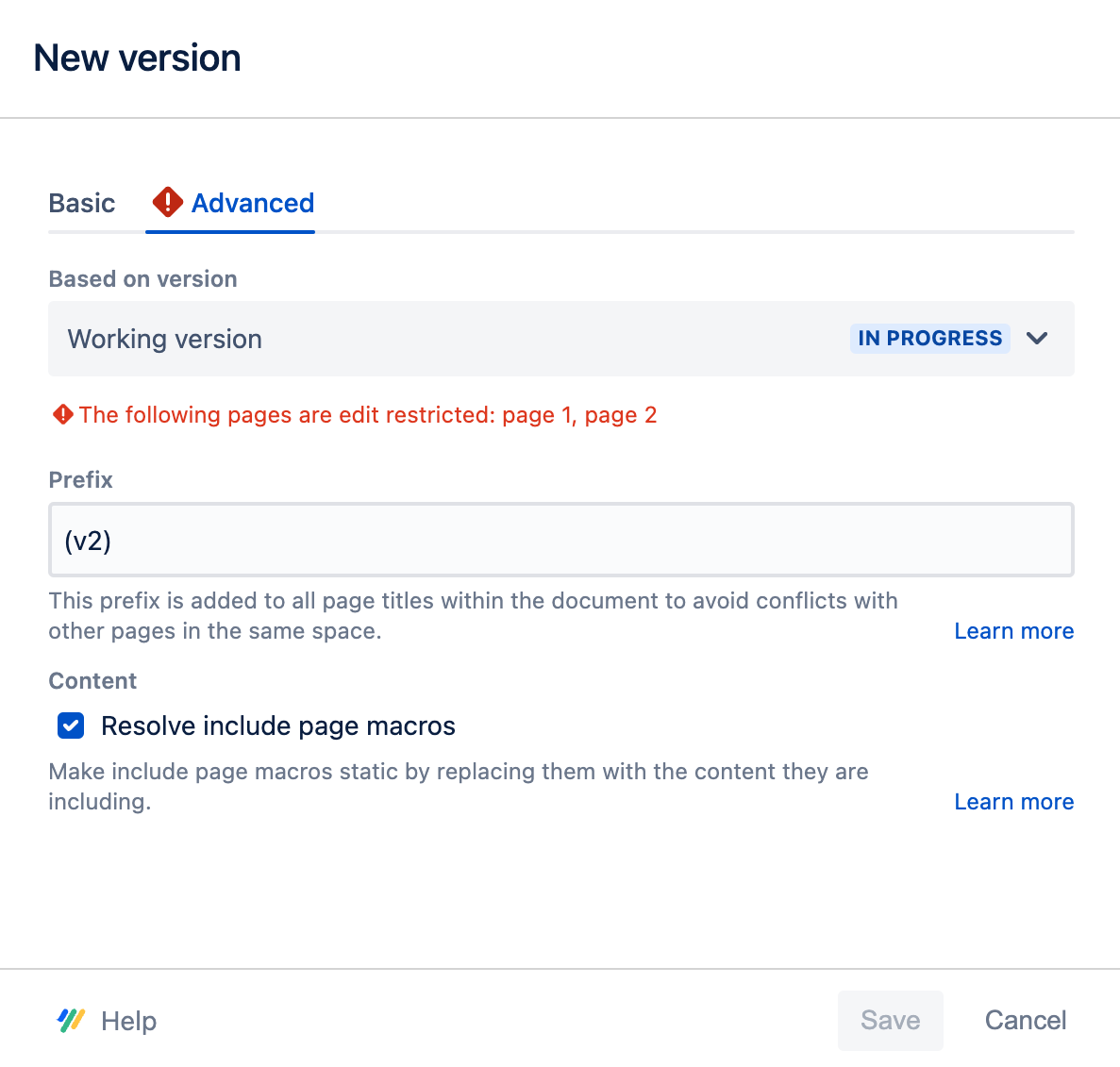 The new version dialog with a warning pointing out pages which haves edit restrictions